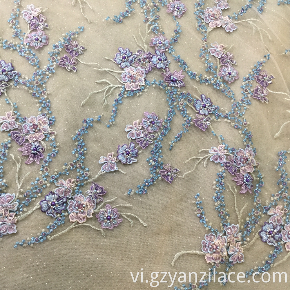 Purple Handmade Beaded Crystal Lace Fabric